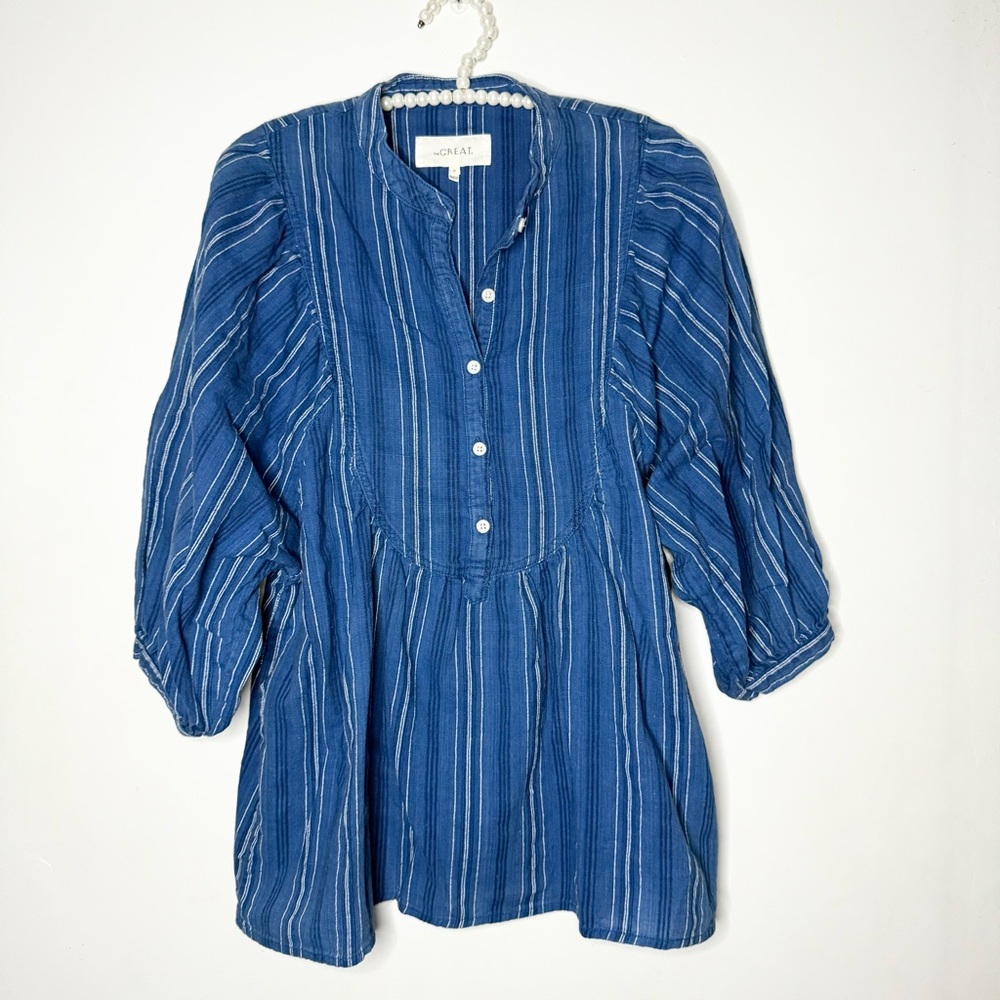 THE GREAT. Blue Striped Bib Blouse